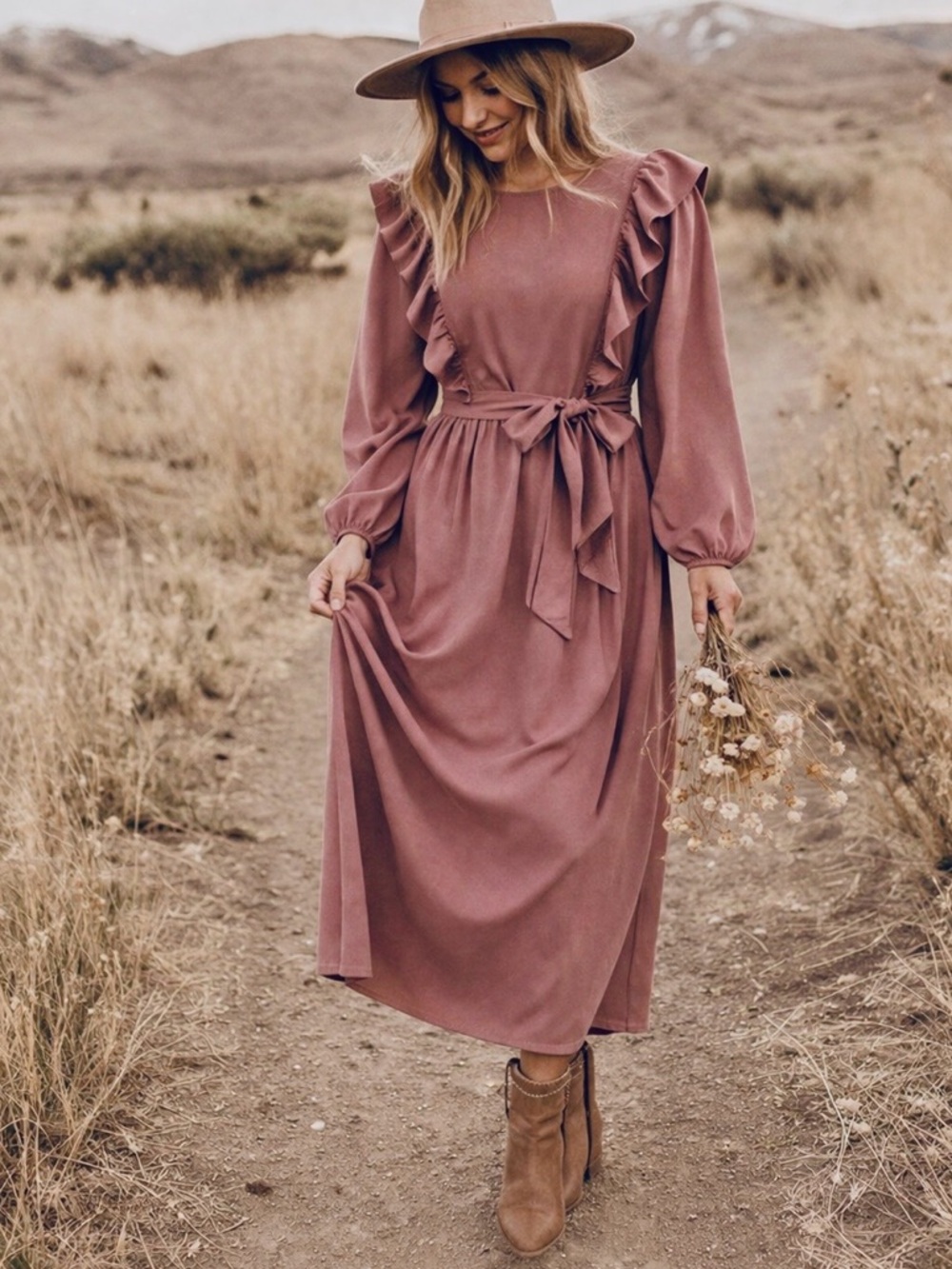Roolee Mauve Purple Ruffle Maxi Dress 3/4 Sleeves Ruffled Tires Small